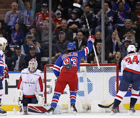 Mika Zibanejad of the New York Rangers scores a power-play goal. (Photo by Bruce Bennett/Getty Images)