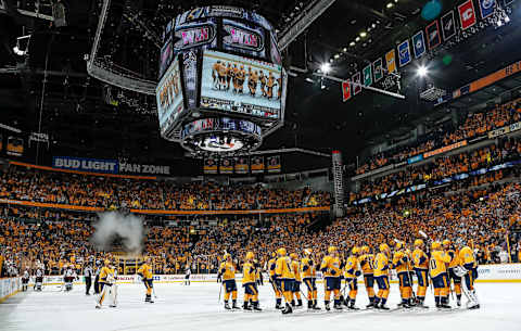 NASHVILLE, TN – APRIL 14: The Nashville Predators celebrate a 5-4 win against the Colorado Avalanche in Game Two of the Western Conference First Round during the 2018 NHL Stanley Cup Playoffs at Bridgestone Arena on April 14, 2018 in Nashville, Tennessee. (Photo by John Russell/NHLI via Getty Images)