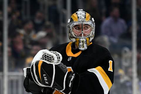 Swayman is one of a dozen goalies to wear the #1 jersey with the Bruins. Mandatory Credit: Brian Fluharty-USA TODAY Sports