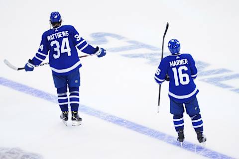 TORONTO, ONTARIO – AUGUST 09: Auston Matthews #34 and Mitchell Marner #16 of the Toronto Maple Leafs . (Photo by Andre Ringuette/Freestyle Photo/Getty Images)