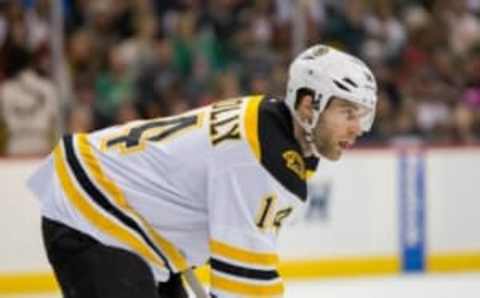 Feb 13, 2016; Saint Paul, MN, USA; Boston Bruins forward Brett Connolly (14) at the faceoff in the second period against the Minnesota Wild at Xcel Energy Center. Mandatory Credit: Brad Rempel-USA TODAY Sports