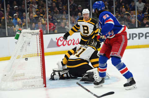 BOSTON, MA – MARCH 27: Mika Zibanejad #93 of the New York Rangers scores against Jaroslav Halak and Charlie Coyle #13 of the Boston Bruins at the TD Garden on March 27, 2019 in Boston, Massachusetts. (Photo by Steve Babineau/NHLI via Getty Images)