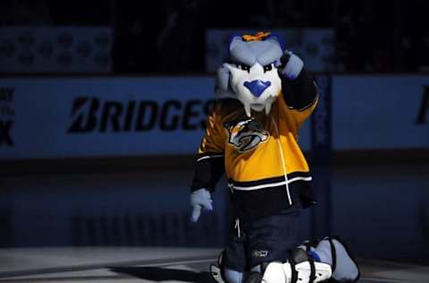 Nashville Predators mascot Gnash prior to the game against the San Jose Sharks. Mandatory Credit: Christopher Hanewinckel-USA TODAY Sports