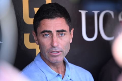 Aug 23, 2022; San Diego, California, USA; San Diego Padres general manager A.J. Preller speak to the media before the game against the Cleveland Guardians at Petco Park. Mandatory Credit: Orlando Ramirez-USA TODAY Sports