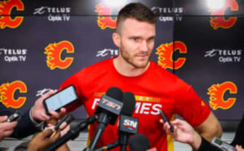 Oct 25, 2022; Calgary, Alberta, CAN; Calgary Flames center Jonathan Huberdeau (10) during interview in the locker room after the game against the Pittsburgh Penguins at Scotiabank Saddledome. Mandatory Credit: Sergei Belski-USA TODAY Sports