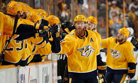 NASHVILLE, TN – MARCH 29: Ryan Ellis #4 of the Nashville Predators celebrates his goal against the San Jose Sharks during an NHL game at Bridgestone Arena on March 29, 2018 in Nashville, Tennessee. (Photo by John Russell/NHLI via Getty Images)