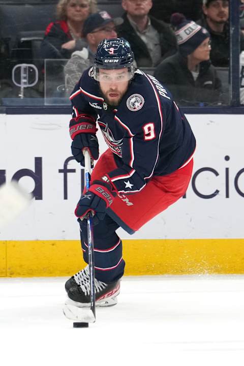 COLUMBUS, OHIO – NOVEMBER 02: Ivan Provorov #9 of the Columbus Blue Jackets skates with the puck during the third period against the Tampa Bay Lightning at Nationwide Arena on November 02, 2023 in Columbus, Ohio. (Photo by Jason Mowry/Getty Images)