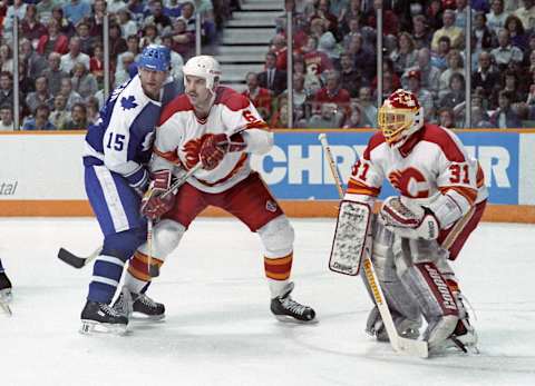 Rick Wamsley #31 and Ric Nattress #6 of the Calgary Flames (Photo by Graig Abel/Getty Images)