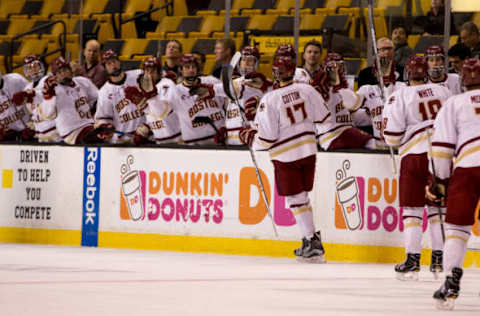 BOSTON, MA – FEBRUARY 13: David Cotton #17 of the Boston College Eagles celebrates his goal against the Northeastern Huskies during NCAA hockey in the consolation game of the annual Beanpot Hockey Tournament at TD Garden on February 13, 2017 in Boston, Massachusetts. (Photo by Richard T Gagnon/Getty Images)