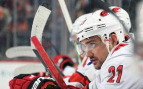 PHILADELPHIA, PA – NOVEMBER 05: Nino Niederreiter #21 of the Carolina Hurricanes looks on from the bench against the Philadelphia Flyers on November 5, 2019 at the Wells Fargo Center in Philadelphia, Pennsylvania. (Photo by Len Redkoles/NHLI via Getty Images)