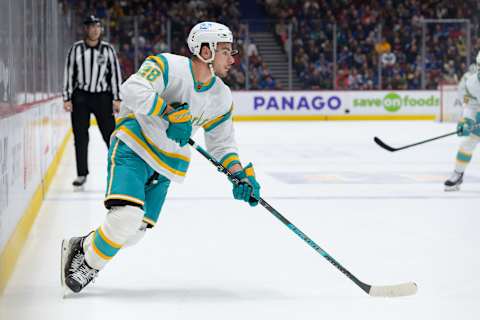 VANCOUVER, CANADA – DECEMBER 27: Timo Meier #28 of the San Jose Sharks skates with the puck during the first period of their NHL game against the Vancouver Canucks at Rogers Arena on December 27, 2022 in Vancouver, British Columbia, Canada. (Photo by Derek Cain/Getty Images)