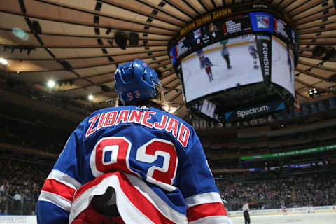 NEW YORK, NY – APRIL 03: Mika Zibanejad #93 of the New York Rangers looks on against the Ottawa Senators at Madison Square Garden on April 3, 2019 in New York City. (Photo by Jared Silber/NHLI via Getty Images)