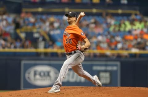 ST. PETERSBURG, FL – JUL 01: Charlie Morton (50) of the Astros delivers a pitch to the plate during the MLB regular season game between the Houston Astros and the Tampa Bay Rays on July 01, 2018, at Tropicana Field in St. Petersburg, FL. (Photo by Cliff Welch/Icon Sportswire via Getty Images)