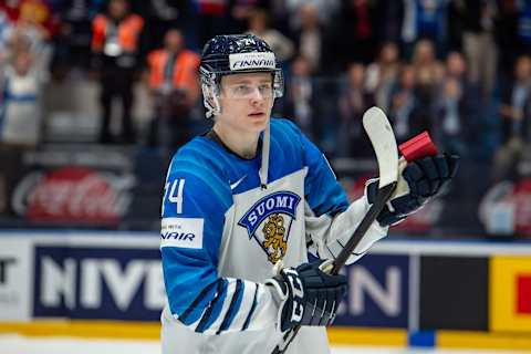 BRATISLAVA, SLOVAKIA – MAY 25: #24 Kaapo Kakko of Finland salutes to the crowd during the 2019 IIHF Ice Hockey World Championship Slovakia semi final game between Russia and Finland at Ondrej Nepela Arena on May 25, 2019 in Bratislava, Slovakia. (Photo by RvS.Media/Monika Majer/Getty Images)