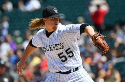 Aug 17, 2016; Denver, CO, USA; Colorado Rockies starting pitcher Jon Gray (55) delivers a pitch in the first inning against the against the Colorado Rockies at Coors Field. Mandatory Credit: Ron Chenoy-USA TODAY Sports