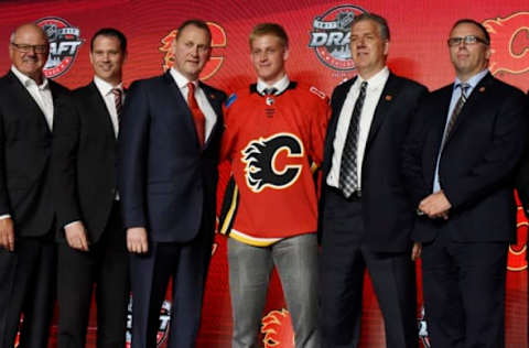 June 23, 2017; Chicago, IL, USA; Juuso Valimaki poses for photos after being selected as the number sixteen overall pick to the Calgary Flames in the first round of the 2017 NHL Draft at the United Center. Mandatory Credit: David Banks-USA TODAY Sports