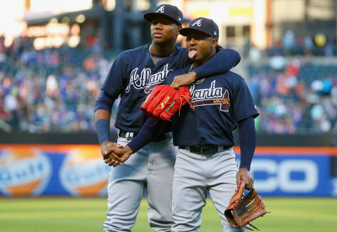 NEW YORK, NY – MAY 01: (NEW YORK DAILIES OUT) Ozzie Albies #1 (R) and Ronald Acuna Jr. #13 of the Atlanta Braves pose for a photograph before a game against the New York Mets at Citi Field on May 1, 2018 in the Flushing neighborhood of the Queens borough of New York City. The Braves defeated the Mets 3-2. (Photo by Jim McIsaac/Getty Images)