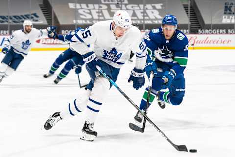 VANCOUVER, BC – APRIL 18: Ilya Mikheyev #65 of the Toronto Maple Leafs   (Photo by Rich Lam/Getty Images)