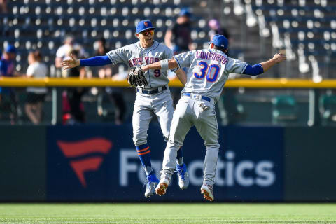 New York Mets center fielder Brandon Nimmo (9) and right fielder Michael Conforto (30) (Photo by Dustin Bradford/Icon Sportswire via Getty Images)