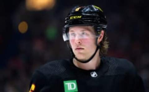 VANCOUVER, CANADA – APRIL 8: Brock Boeser #6 of the Vancouver Canucks waits for a face-off during the third period of their NHL game against the Calgary Flames at Rogers Arena on April 8, 2023, in Vancouver, British Columbia, Canada. (Photo by Derek Cain/Getty Images)