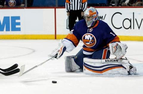 Apr 9, 2017; Brooklyn, NY, USA; New York Islanders goalie Thomas Greiss (1) defends the goal against Ottawa Senators in the third period at Barclays Center. Islanders win 4-2. Mandatory Credit: Nicole Sweet-USA TODAY Sports