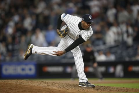 NEW YORK, NY – OCTOBER 3: Aroldis Chapman #54 of the New York Yankees pitches during the game against the Oakland Athletics in the American League Wild Card Game at Yankee Stadium on October 3, 2018 New York, New York. The Yankees defeated the Athletics 7-2. Zagaris/Oakland Athletics/Getty Images)