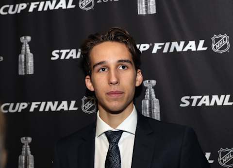 ST LOUIS, MISSOURI – JUNE 03: National Hockey League prospect Dylan Cozens speaks with the media at Enterprise Center on June 03, 2019 in St Louis, Missouri. (Photo by Bruce Bennett/Getty Images)