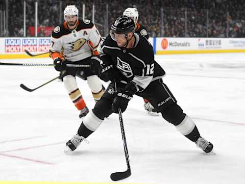 Jan 13, 2018; Los Angeles, CA, USA; Anaheim Ducks center Ryan Kesler (17) looks on as Los Angeles Kings right wing Marian Gaborik (12) passes the puck in the second period at Staples Center. Mandatory Credit: Jayne Kamin-Oncea-USA TODAY Sports