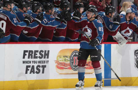 DENVER, CO – DECEMBER 31: Matt Nieto #83 of the Colorado Avalanche celebrates with his bench after scroing a goal against the New York Islanders at the Pepsi Center on December 31, 2017 in Denver, Colorado. (Photo by Michael Martin/NHLI via Getty Images)