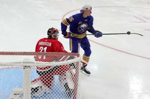 LAS VEGAS, NEVADA – FEBRUARY 04: Rasmus Dahlin #26 of the Buffalo Sabres collects the puck after attempting a shot against Frederik Andersen #31 of the Carolina Hurricanes in the Save Streak event during the 2022 NHL All-Star Skills at T-Mobile Arena on February 04, 2022, in Las Vegas, Nevada. (Photo by Ethan Miller/Getty Images)