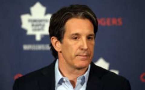 Apr 13, 2015; Toronto, Ontario, Canada; Toronto Maple Leafs president Brendan Shanahan talks to the press during a press conference at Air Canada Centre. Mandatory Credit: Tom Szczerbowski-USA TODAY Sports