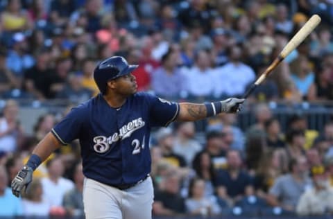 PITTSBURGH, PA – JULY 12: Jesus Aguilar #24 of the Milwaukee Brewers hits a solo home run in the fourth inning during the game against the Pittsburgh Pirates at PNC Park on July 12, 2018 in Pittsburgh, Pennsylvania. (Photo by Justin Berl/Getty Images)