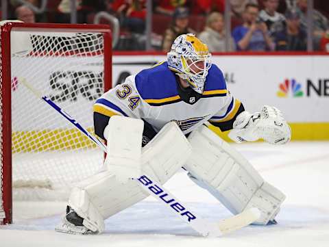 CHICAGO, ILLINOIS – MARCH 08: Jake Allen #34 of the St. Louis Blues minds the net against the Chicago Blackhawks at the United Center on March 08, 2020 in Chicago, Illinois. The Blues defeated the Blackhawks 2-0. (Photo by Jonathan Daniel/Getty Images)