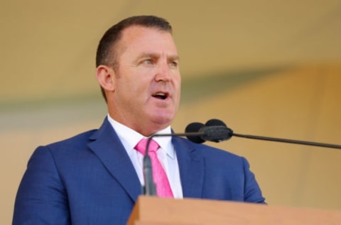 COOPERSTOWN, NY – JULY 29: Inductee Jim Thome speaks during the 2018 Hall of Fame Induction Ceremony at the National Baseball Hall of Fame on Sunday July 29, 2018 in Cooperstown, New York. (Photo by Alex Trautwig/MLB Photos via Getty Images)