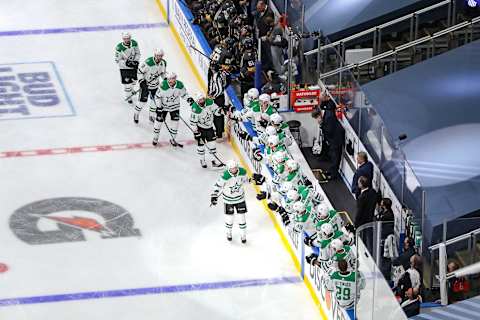 John Klingberg #3 of the Dallas Stars is congratulated by his teammates after scoring a goal against the Vegas Golden Knights during the first period in Game One of the Western Conference Final. (Photo by Bruce Bennett/Getty Images)