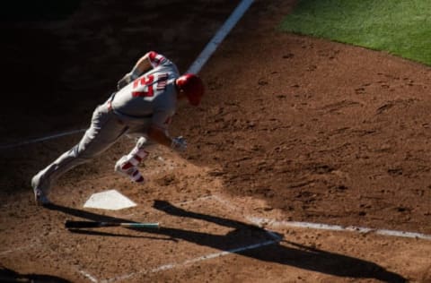 LOS ANGELES, CA – JULY 14: Los Angeles Angels’ Mike Trout sprints to first base during a MLB game between the Los Angeles Angels of Anaheim and the Los Angeles Dodgers on July 14, 2018 at Dodger Stadium in Los Angeles, CA. (Photo by Kyusung Gong/Icon Sportswire via Getty Images)