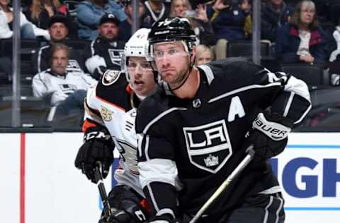 LOS ANGELES, CA – SEPTEMBER 29: Hampus Lindholm #47 of the Anaheim Ducks and Jeff Carter #77 of the Los Angeles Kings battle for position during the third period of the preseason game at Staples Center on September 29, 2018, in Los Angeles, California. (Photo by Juan Ocampo/NHLI via Getty Images)