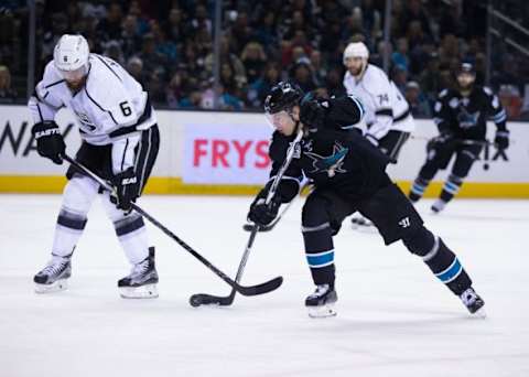 Jan 24, 2016; San Jose, CA, USA; San Jose Sharks right wing Joonas Donskoi (27) tries to shoot the puck against Los Angeles Kings defenseman Jake Muzzin (6) during the second period at SAP Center at San Jose. Mandatory Credit: Kelley L Cox-USA TODAY Sports