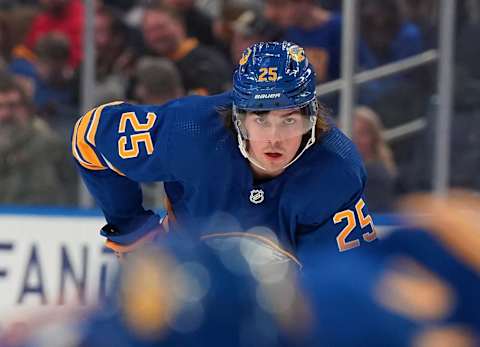 BUFFALO, NY – APRIL 14: Owen Power #25 of the Buffalo Sabres playing in his home debut NHL 1st overall pick against the St. Louis Blues at KeyBank Center on April 14, 2022 in Buffalo, New York. (Photo by Kevin Hoffman/Getty Images)