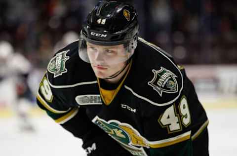 WINDSOR, ON – OCTOBER 12: Forward Max Jones #49 of the London Knights skates during warmups prior to a game against the Windsor Spitfires on October 12, 2017. (Photo by Dennis Pajot/Getty Images)