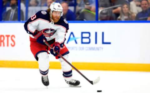 TAMPA, FLORIDA – APRIL 26: Jakub Voracek #93 of the Columbus Blue Jackets looks to pass in the first period during a game against the Tampa Bay Lightning at Amalie Arena on April 26, 2022 in Tampa, Florida. (Photo by Mike Ehrmann/Getty Images)