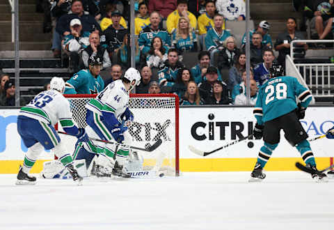 SAN JOSE, CALIFORNIA – FEBRUARY 16: Timo Meier #28 of the San Jose Sharks scores a goal on Jacob Markstrom #25 of the Vancouver Canucks in the first period at SAP Center on February 16, 2019 in San Jose, California. (Photo by Ezra Shaw/Getty Images)