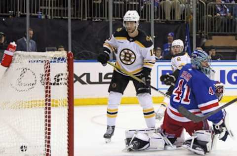 NEW YORK, NEW YORK – OCTOBER 05: Pavel Zacha #18 of the Boston Bruins watches the game-winning goal by Mike Reilly #6 (not shown) get past Jaroslav Halak #41 of the New York Rangers during the third period at Madison Square Garden on October 05, 2022, in New York City. The Bruins defeated the Rangers 5-4. (Photo by Bruce Bennett/Getty Images)