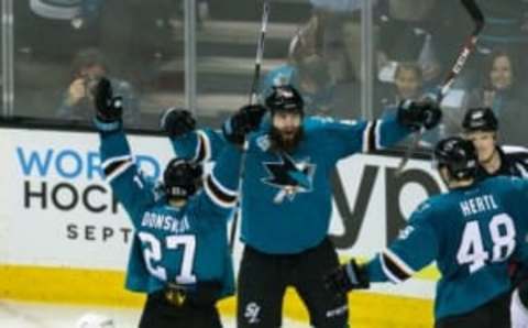 Apr 20, 2016; San Jose, CA, USA; San Jose Sharks defenseman Brent Burns (88) celebrates scoring against the Los Angeles Kings in the second period of game four of the first round of the 2016 Stanley Cup Playoffs at SAP Center at San Jose. Mandatory Credit: John Hefti-USA TODAY Sports