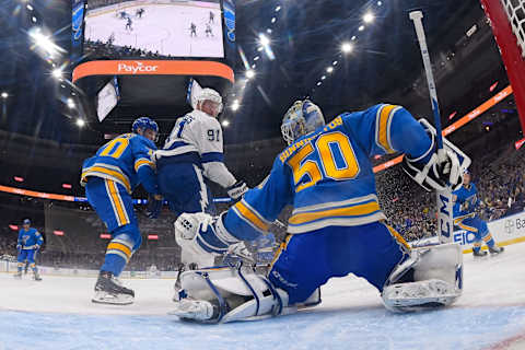 ST. LOUIS, MO – MARCH 23: Oskar Sundqvist #70 of the St. Louis Blues and Jordan Binnington #50 of the St. Louis Blues defend the net against Steven Stamkos #91 of the Tampa Bay Lightning at Enterprise Center on March 23, 2019 in St. Louis, Missouri. (Photo by Scott Rovak/NHLI via Getty Images)