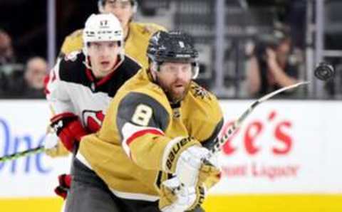 LAS VEGAS, NEVADA – MARCH 03: Phil Kessel #8 of the Vegas Golden Knights passes the puck against the New Jersey Devils in the second period of their game at T-Mobile Arena on March 03, 2023 in Las Vegas, Nevada. The Golden Knights defeated the Devils 4-3 in a shootout. (Photo by Ethan Miller/Getty Images)