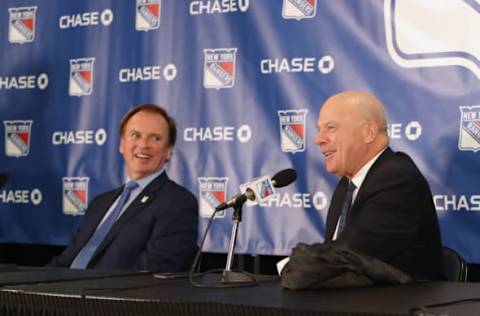 Former Rangers’ GM Neil Smith and coach Mike Keenan didn’t see eye-to-eye when they won a championship together in 1994, but have since made amends. In this 2019 photo, they met to celebrate the 25th anniversary of their Stanley Cup win. (Photo by Bruce Bennett/Getty Images)