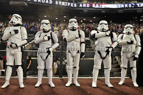 Jul 18, 2015; Phoenix, AZ, USA; Stormtroopers look on during the National Anthem during Star Wars Day prior to the game between the Arizona Diamondbacks and the San Francisco Giants at Chase Field. Mandatory Credit: Matt Kartozian-USA TODAY Sports