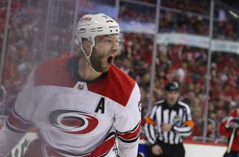 WASHINGTON, DC – APRIL 24: Jordan Staal #11 of the Carolina Hurricanes celebrates his goal at 2:56 of the third period against the Washington Capitals in Game Seven of the Eastern Conference First Round during the 2019 NHL Stanley Cup Playoffs at the Capital One Arena on April 24, 2019 in Washington, DC. (Photo by Patrick Smith/Getty Images)