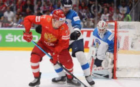 Russia’s forward Kirill Kaprizov (L) and Finland’s defender Oliwer Kaski vie for the puck during the semi-final match Russia vs Finland of the 2019 IIHF Ice Hockey World Championship in Bratislava, Slovakia on May 25, 2019. (Photo by VLADIMIR SIMICEK / AFP) (Photo credit should read VLADIMIR SIMICEK/AFP/Getty Images)